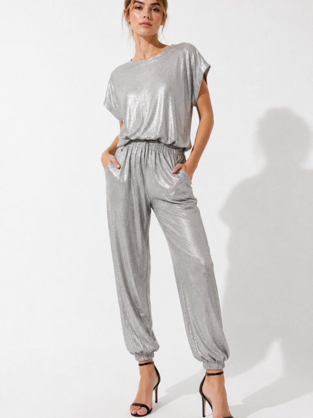 Elan Metallic Silver T-Shirt Jumpsuit NEW Jogger Pants Party Holiday Glam Size S